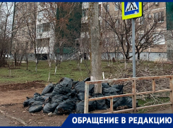 Забытые со времен субботника мешки с листьями до сих пор лежат у школы №22