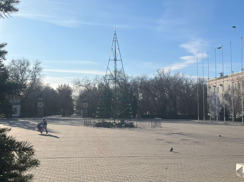На площади Победы приступили к установке городской новогодней елки