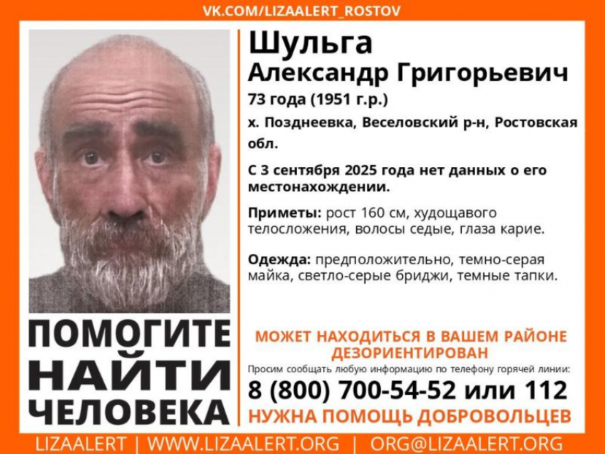 В Ростовской области пропал 73-летний пенсионер Александр Шульга