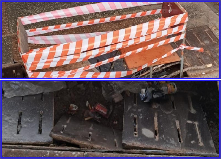 Ливневую решетку в подземном переходе на Морской починили двумя стульями и лентой